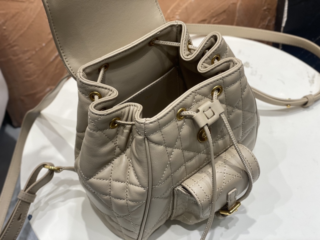 Small Dior Caro Backpack Powder Beige Macrocannage Lambskin